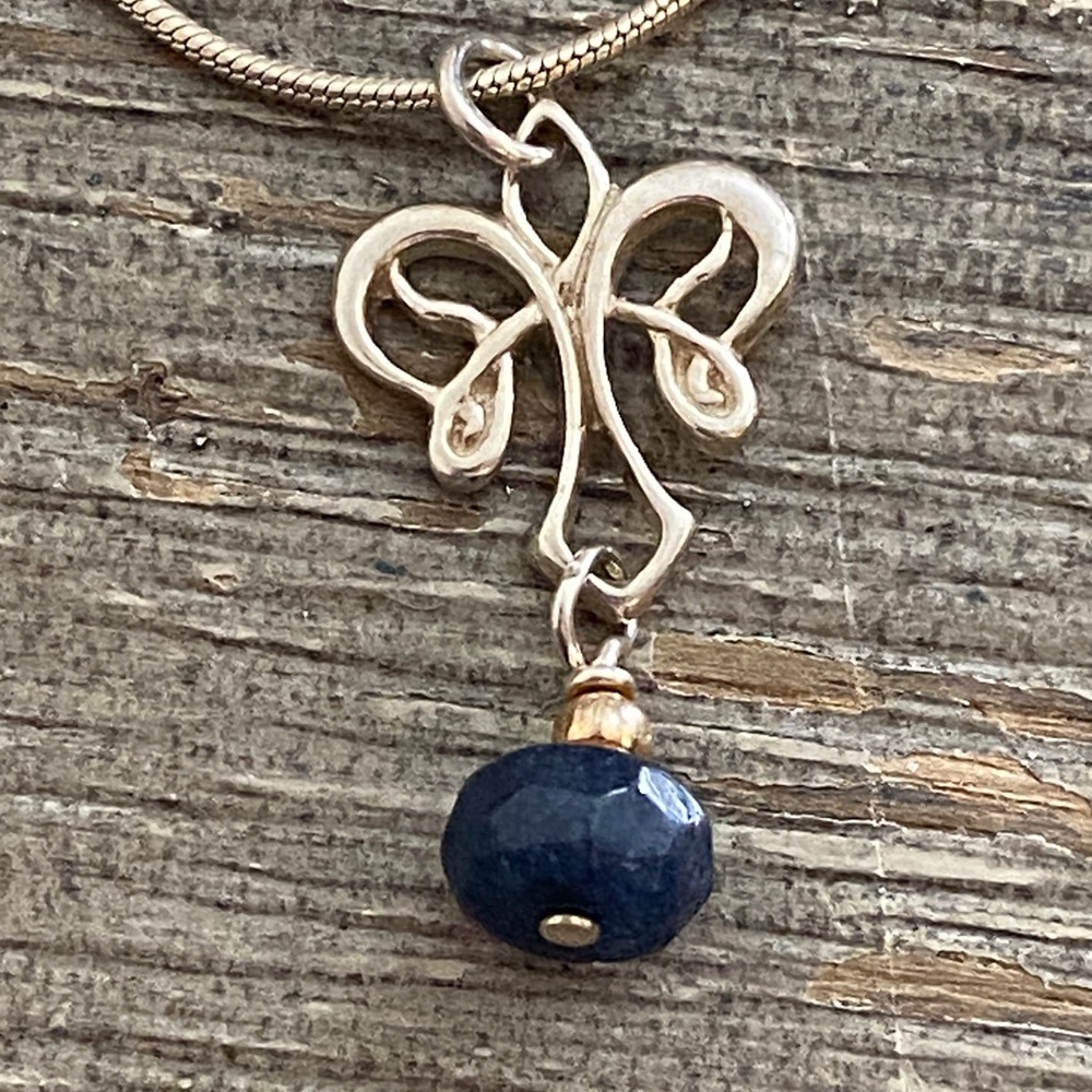 Vintage 925 Silver Chain Wendy Wise Dainty Deep Blue Sapphire Pendant Necklace